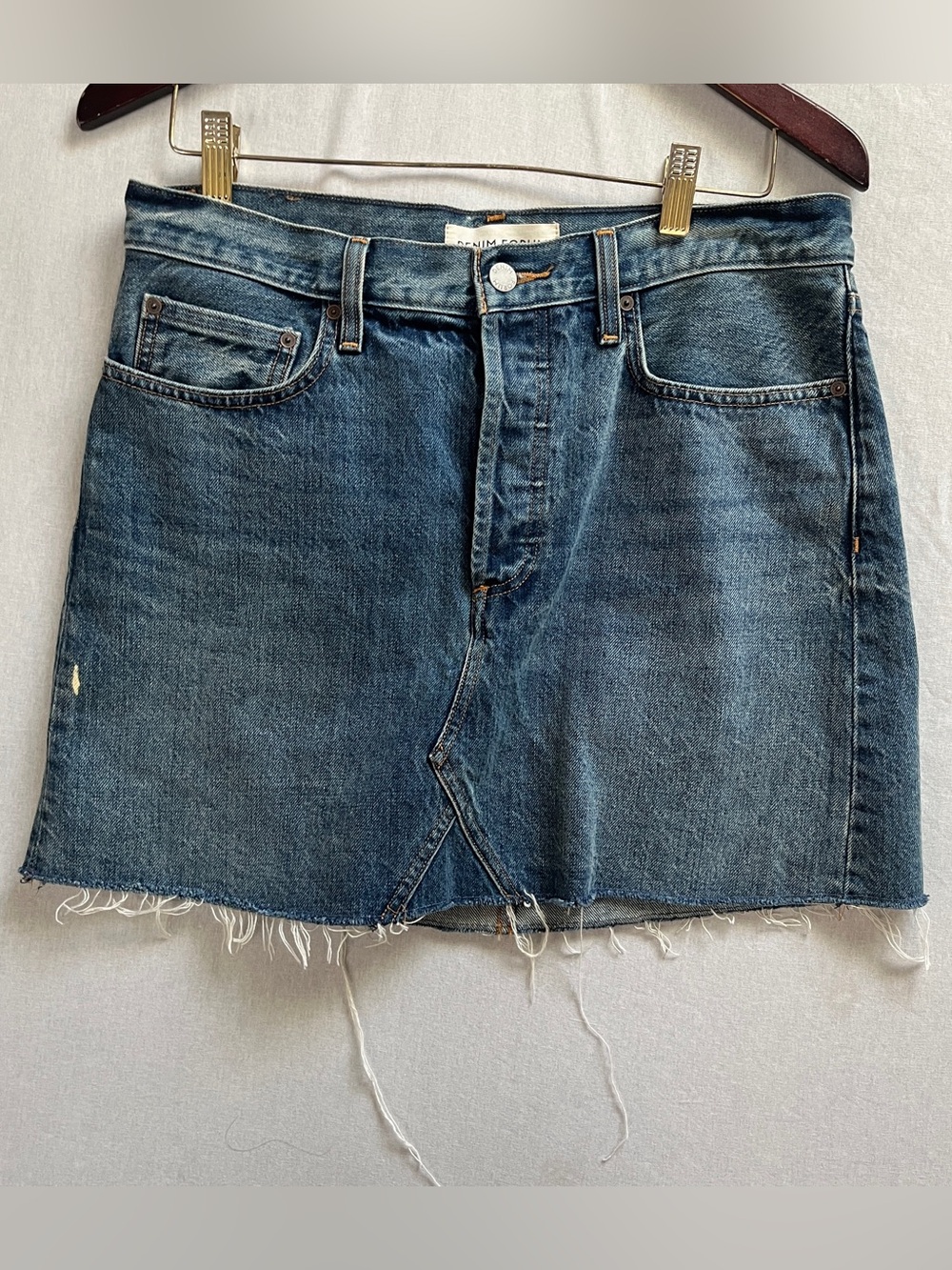 Denim Forum Edie Raw Hem Blue Denim Mini Skirt 30